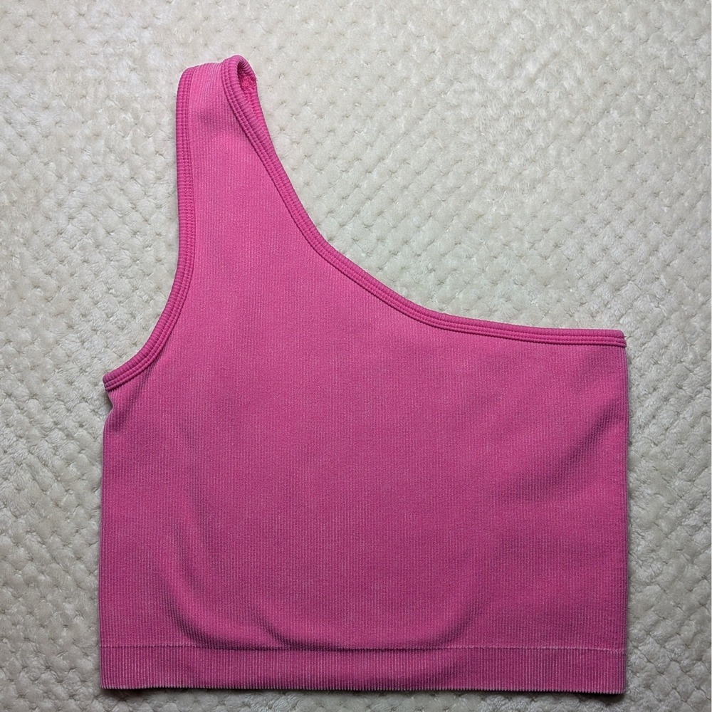 JoyLab One-Shoulder Ribbed Sports Bra Top |‎ Pink | Medium